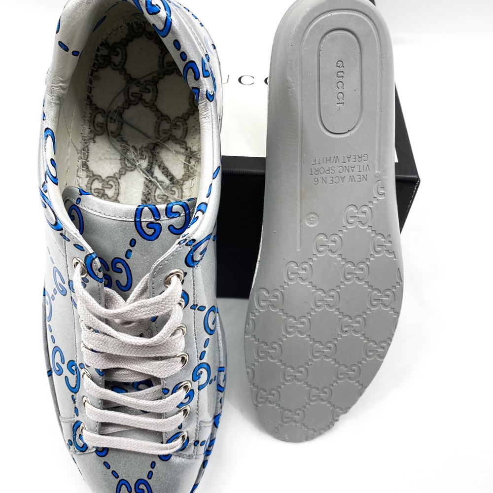 GUCCI Ace GG Coated Leather Sneakers Silver Mens - Picture 12 of 14